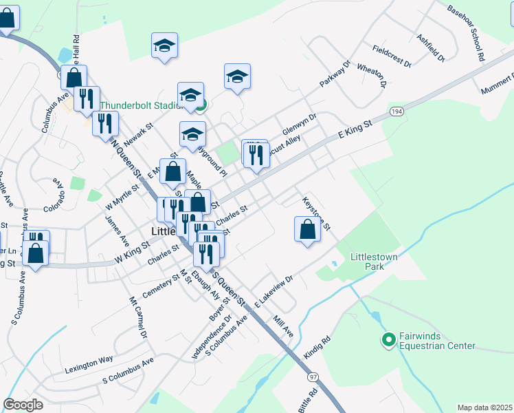 map of restaurants, bars, coffee shops, grocery stores, and more near 156 Lumber Street in Littlestown