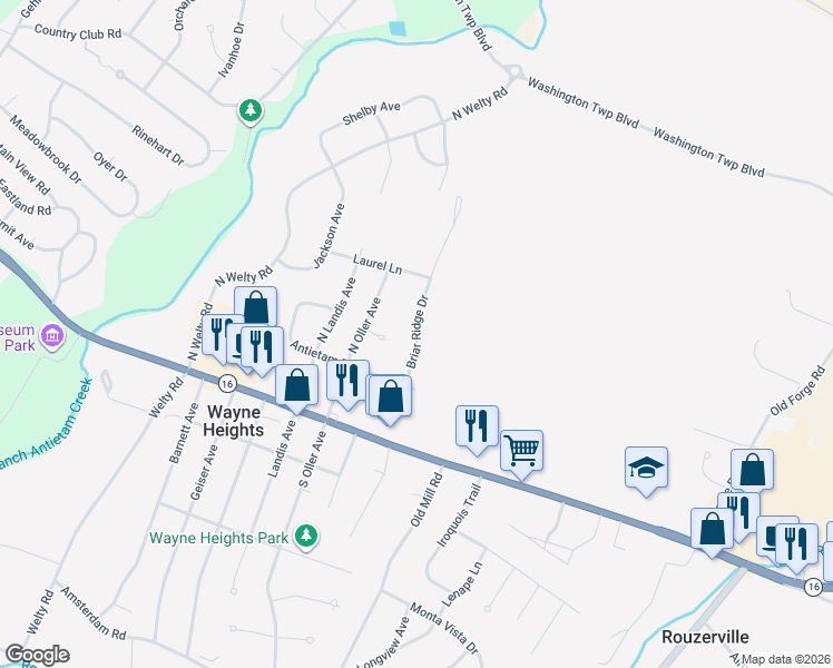 map of restaurants, bars, coffee shops, grocery stores, and more near 399 Briar Ridge Drive in Waynesboro