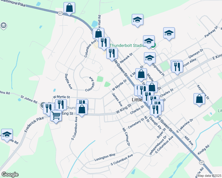 map of restaurants, bars, coffee shops, grocery stores, and more near 75 West Myrtle Street in Littlestown