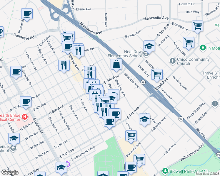 map of restaurants, bars, coffee shops, grocery stores, and more near 1407 Sunset Avenue in Chico