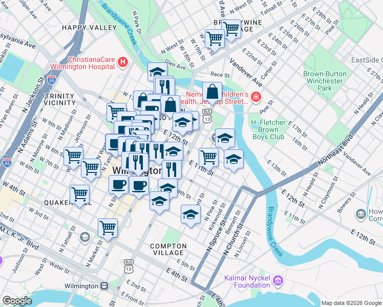 map of restaurants, bars, coffee shops, grocery stores, and more near in Wilmington