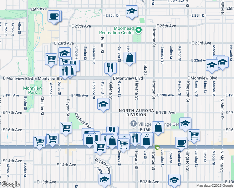 map of restaurants, bars, coffee shops, grocery stores, and more near 1788 Geneva Street in Aurora
