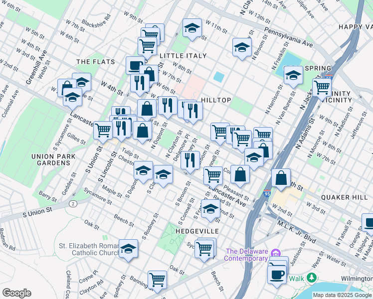 map of restaurants, bars, coffee shops, grocery stores, and more near 217 North Rodney Street in Wilmington