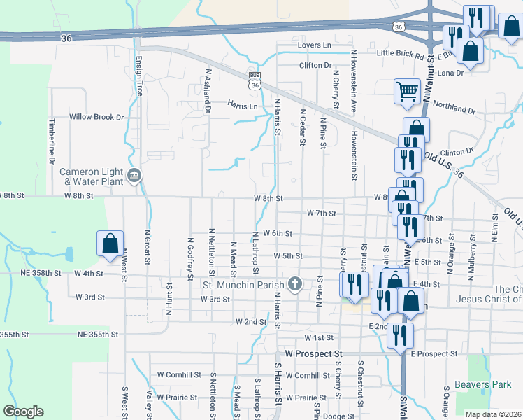 map of restaurants, bars, coffee shops, grocery stores, and more near 700 North Lathrop Street in Cameron