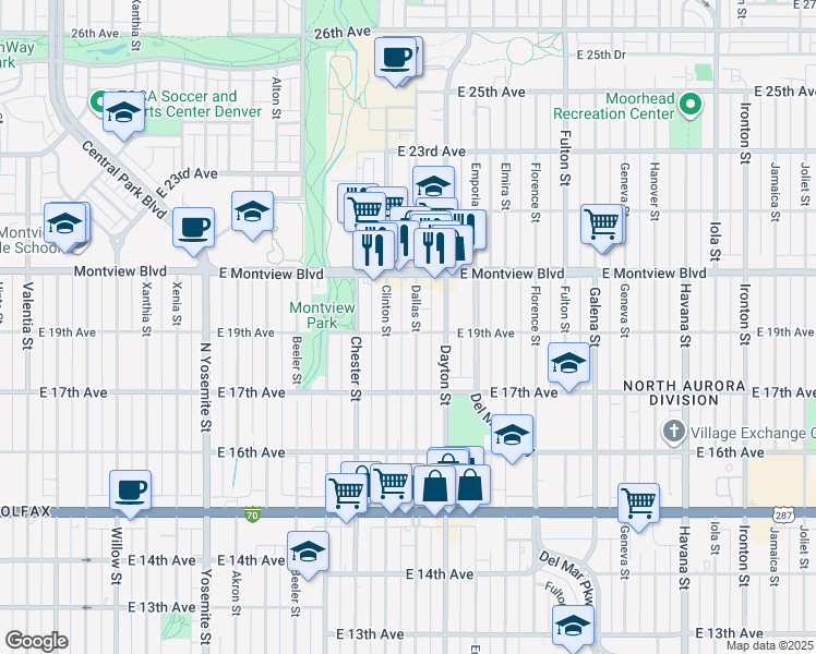 map of restaurants, bars, coffee shops, grocery stores, and more near 9591 East 19th Avenue in Aurora