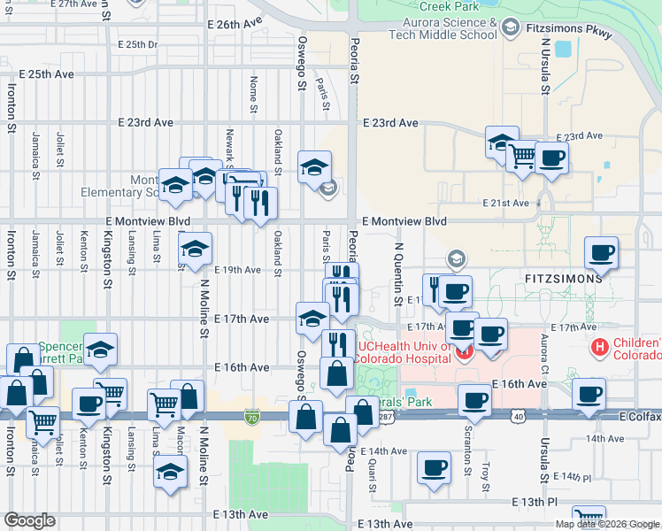 map of restaurants, bars, coffee shops, grocery stores, and more near 1902 Paris Street in Aurora