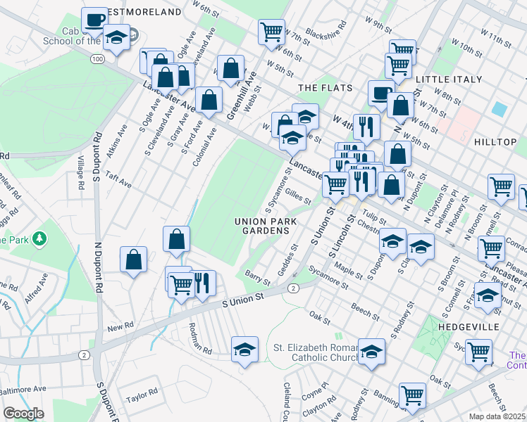 map of restaurants, bars, coffee shops, grocery stores, and more near 433 South Sycamore Street in Wilmington