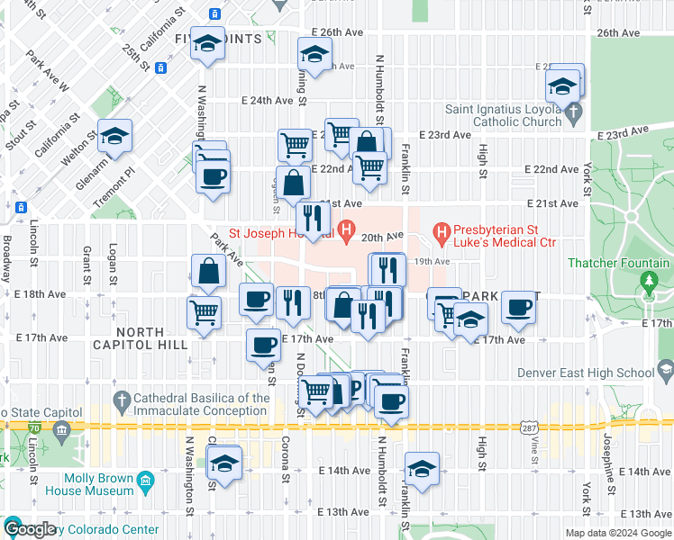 map of restaurants, bars, coffee shops, grocery stores, and more near 1510 East 19th Avenue in Denver
