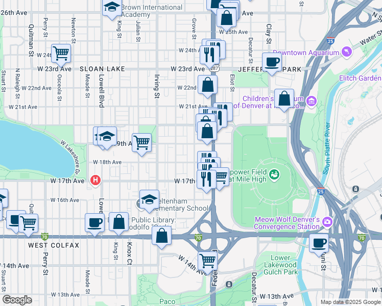 map of restaurants, bars, coffee shops, grocery stores, and more near 1819 Grove Street in Denver