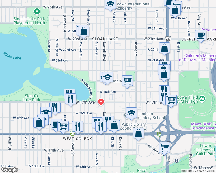 map of restaurants, bars, coffee shops, grocery stores, and more near 1820 Lowell Boulevard in Denver