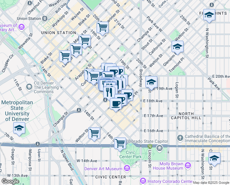 map of restaurants, bars, coffee shops, grocery stores, and more near 1600 California Street in Denver