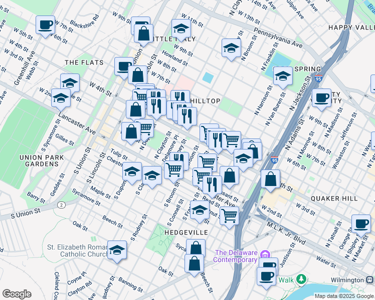 map of restaurants, bars, coffee shops, grocery stores, and more near 1404 West 3rd Street in Wilmington