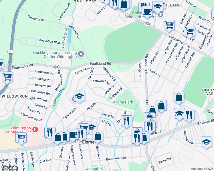 map of restaurants, bars, coffee shops, grocery stores, and more near 1309 Biggs Road in Wilmington
