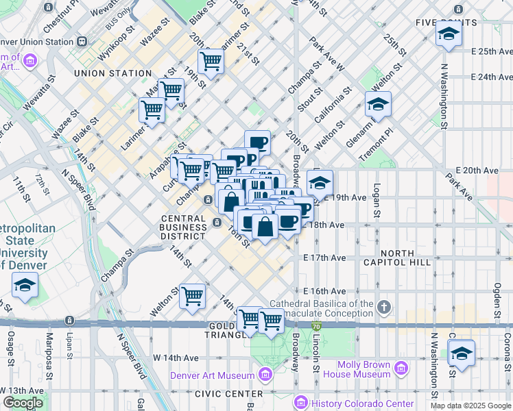 map of restaurants, bars, coffee shops, grocery stores, and more near 621 17th Street in Denver