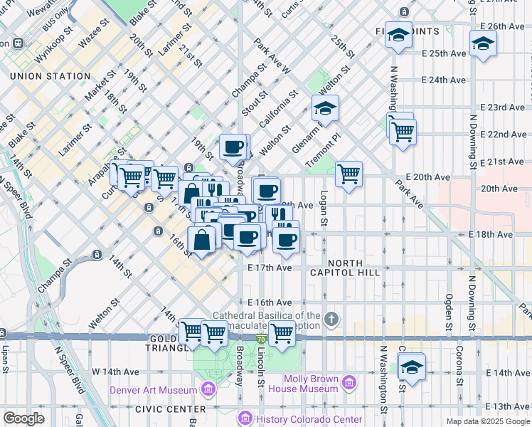 map of restaurants, bars, coffee shops, grocery stores, and more near 1860 Lincoln Street in Denver