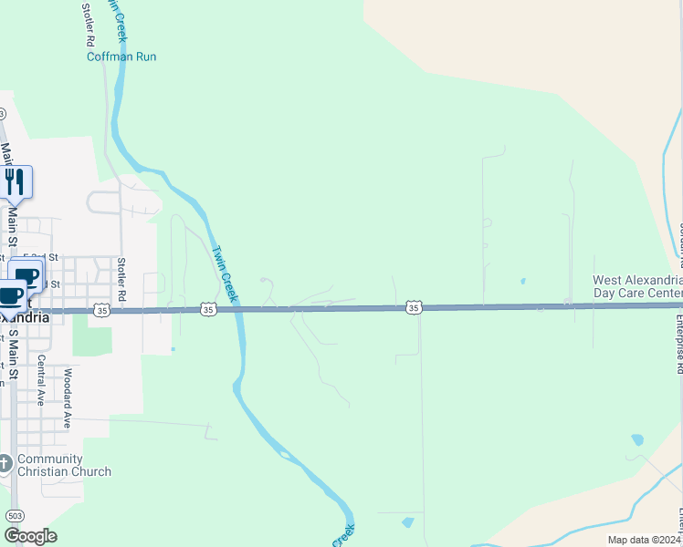 map of restaurants, bars, coffee shops, grocery stores, and more near 6405 U.S. 35 in West Alexandria
