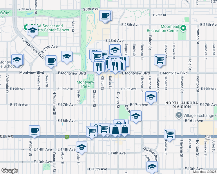 map of restaurants, bars, coffee shops, grocery stores, and more near 9591 East 19th Avenue in Aurora