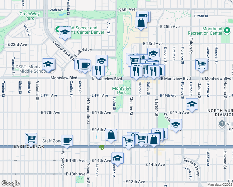 map of restaurants, bars, coffee shops, grocery stores, and more near 9190 East 19th Avenue in Aurora