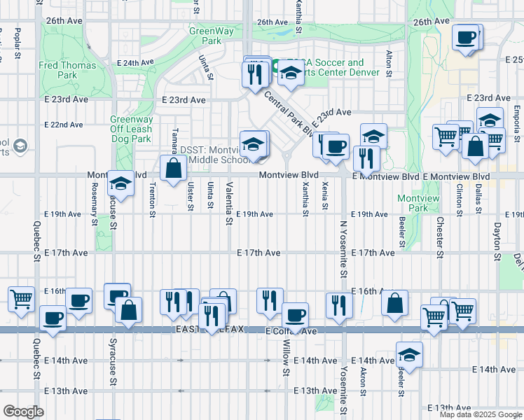 map of restaurants, bars, coffee shops, grocery stores, and more near 1796 Wabash Street in Denver
