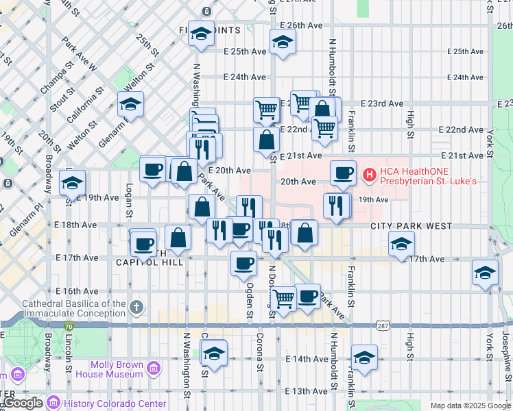 map of restaurants, bars, coffee shops, grocery stores, and more near 1818 North Ogden Street in Denver