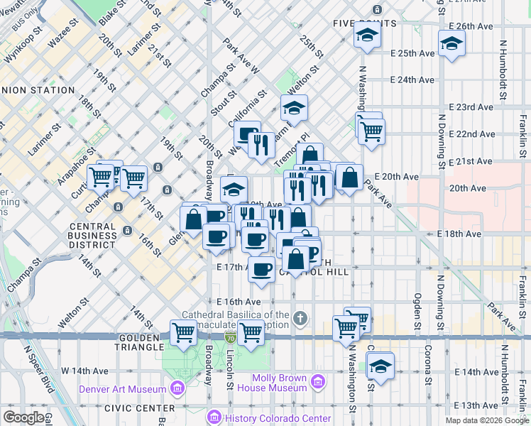 map of restaurants, bars, coffee shops, grocery stores, and more near 1838 Grant Street in Denver