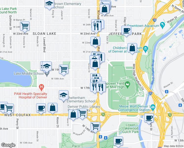 map of restaurants, bars, coffee shops, grocery stores, and more near 1803 Grove Street in Denver