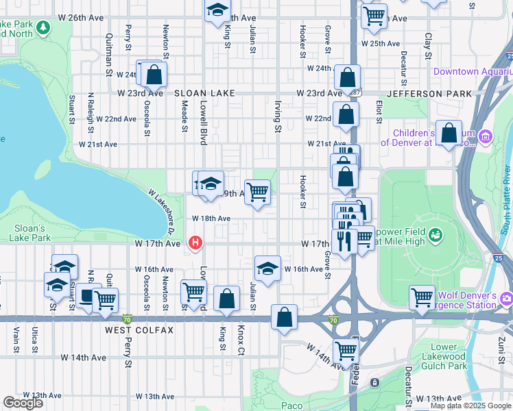 map of restaurants, bars, coffee shops, grocery stores, and more near 1802 Julian Street in Denver