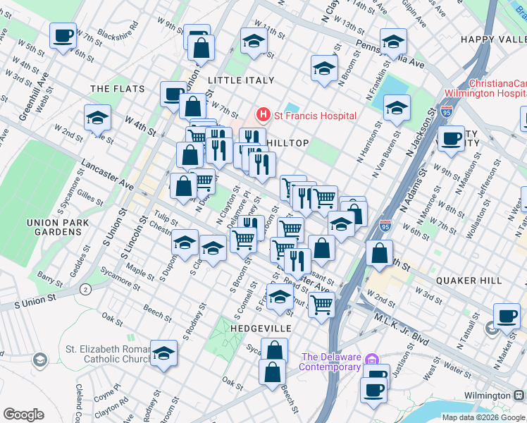 map of restaurants, bars, coffee shops, grocery stores, and more near 217 Fulton Street in Wilmington