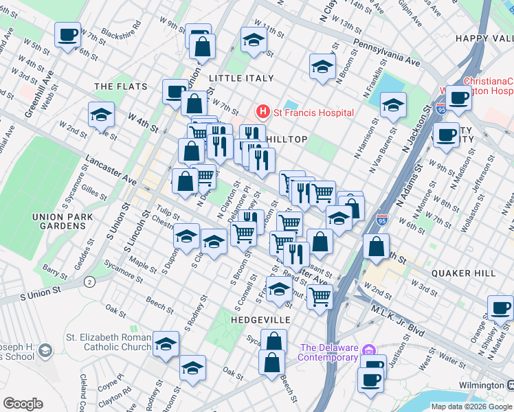 map of restaurants, bars, coffee shops, grocery stores, and more near 217 Fulton Street in Wilmington