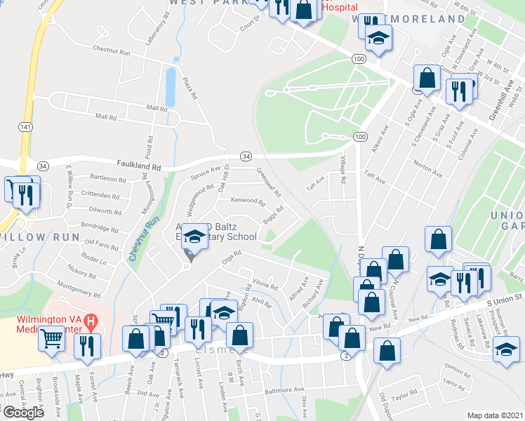 map of restaurants, bars, coffee shops, grocery stores, and more near 1309 Biggs Road in Wilmington