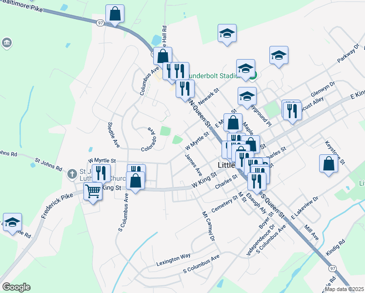 map of restaurants, bars, coffee shops, grocery stores, and more near 75 West Myrtle Street in Littlestown