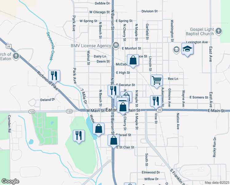map of restaurants, bars, coffee shops, grocery stores, and more near 104 East Somers Street in Eaton