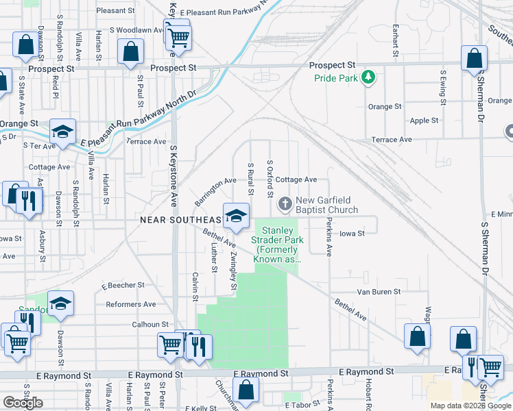 map of restaurants, bars, coffee shops, grocery stores, and more near 2720 East Minnesota Street in Indianapolis