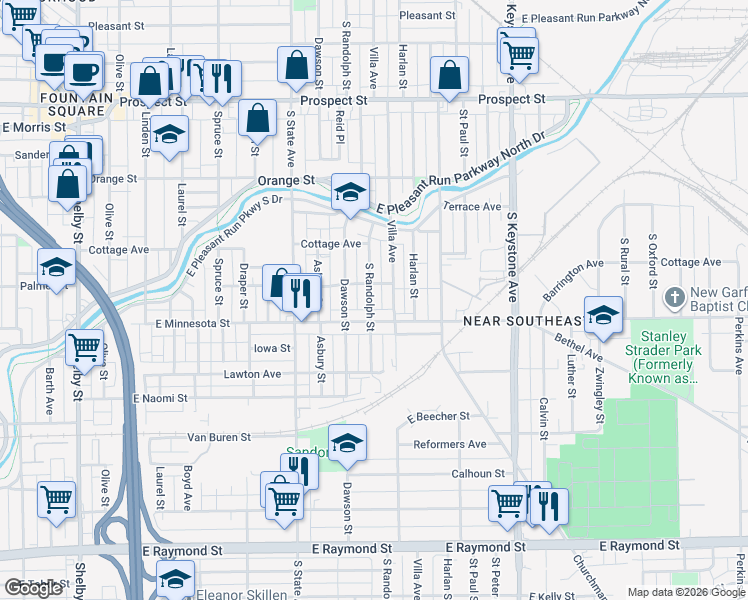 map of restaurants, bars, coffee shops, grocery stores, and more near 1625 South Randolph Street in Indianapolis