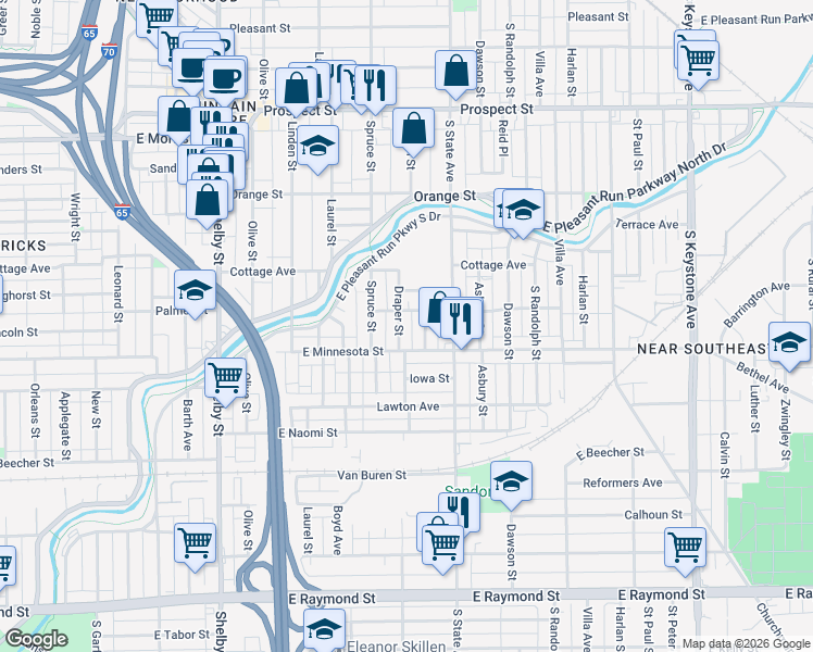 map of restaurants, bars, coffee shops, grocery stores, and more near 1626 Draper Street in Indianapolis