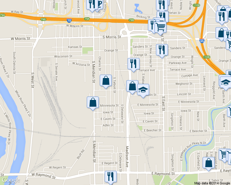 map of restaurants, bars, coffee shops, grocery stores, and more near 1618 Delaware Street in Indianapolis