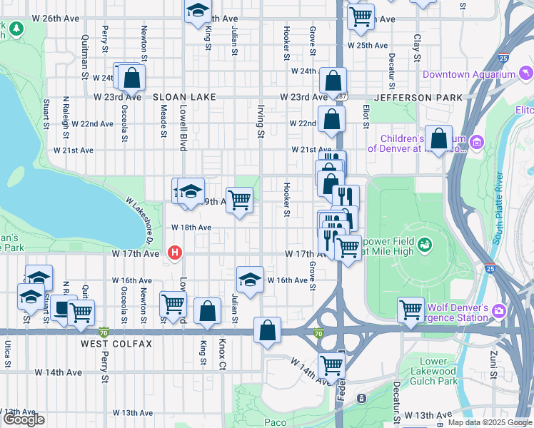 map of restaurants, bars, coffee shops, grocery stores, and more near 1832 Irving Street in Denver