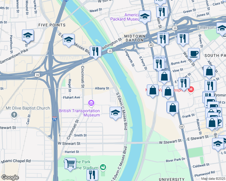 map of restaurants, bars, coffee shops, grocery stores, and more near 835 South Edwin C Moses Boulevard in Dayton