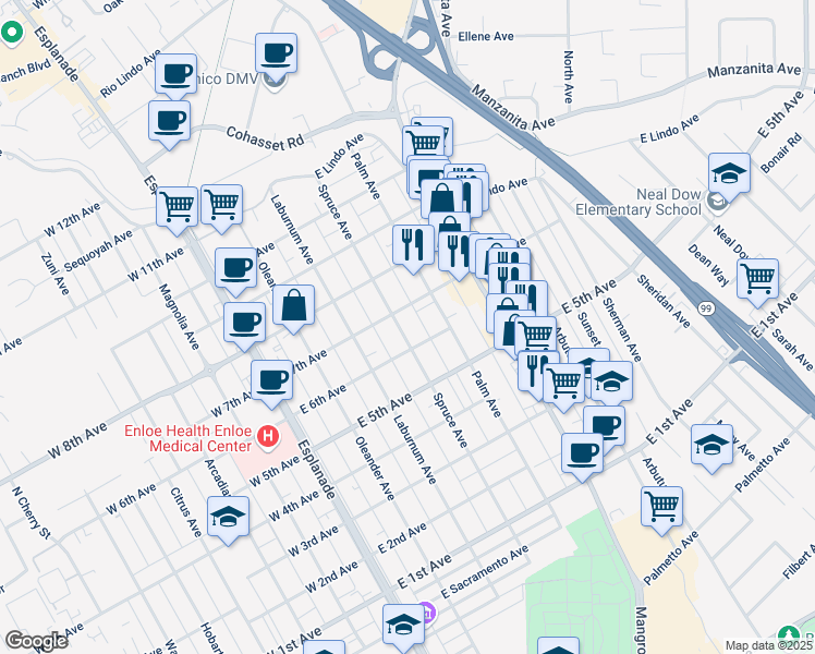 map of restaurants, bars, coffee shops, grocery stores, and more near 1620 Spruce Avenue in Chico