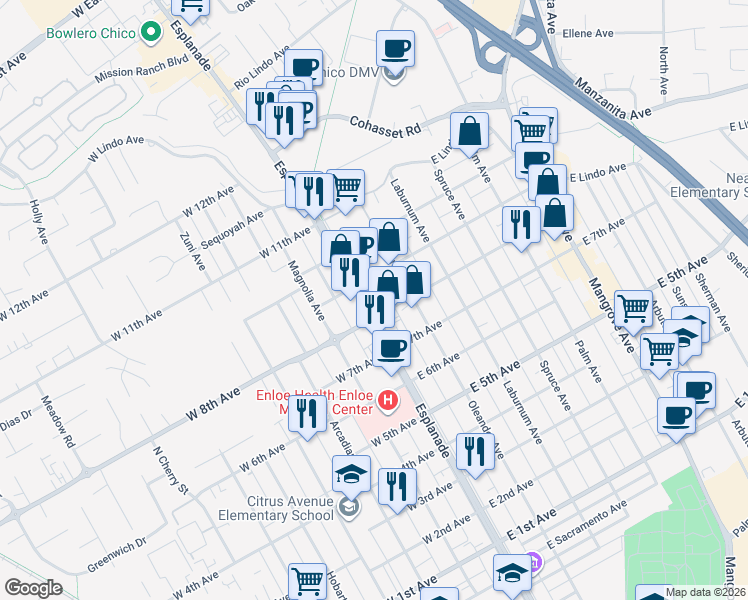 map of restaurants, bars, coffee shops, grocery stores, and more near 1824 Esplanade in Chico