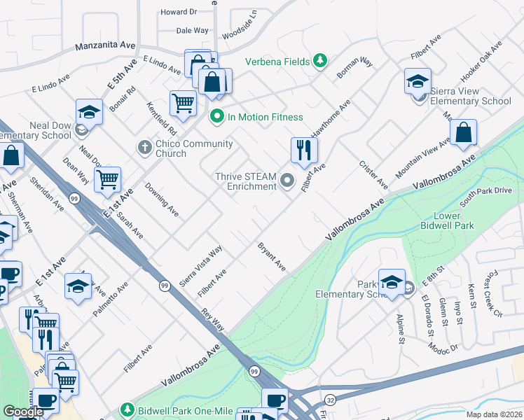 map of restaurants, bars, coffee shops, grocery stores, and more near 1274 Filbert Avenue in Chico