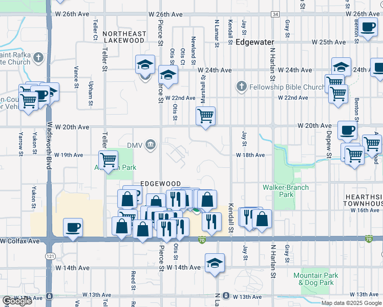 map of restaurants, bars, coffee shops, grocery stores, and more near 6765 West 19th Place in Denver