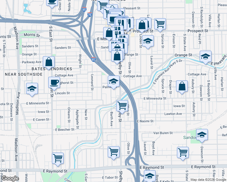 map of restaurants, bars, coffee shops, grocery stores, and more near 1638 Shelby Street in Indianapolis