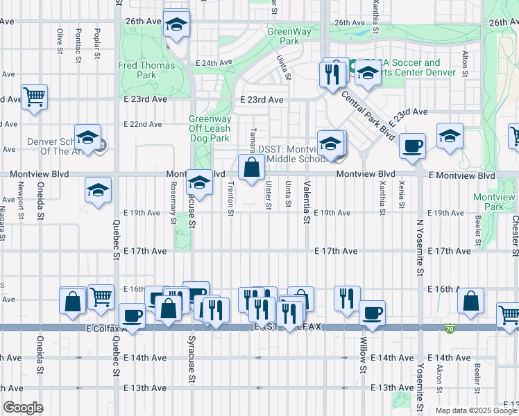 map of restaurants, bars, coffee shops, grocery stores, and more near 1955 Ulster Street in Denver