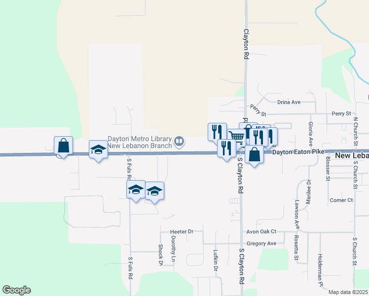 map of restaurants, bars, coffee shops, grocery stores, and more near 715 Dayton Eaton Pike in New Lebanon
