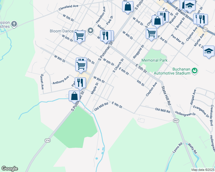 map of restaurants, bars, coffee shops, grocery stores, and more near 705 South Church Street in Waynesboro