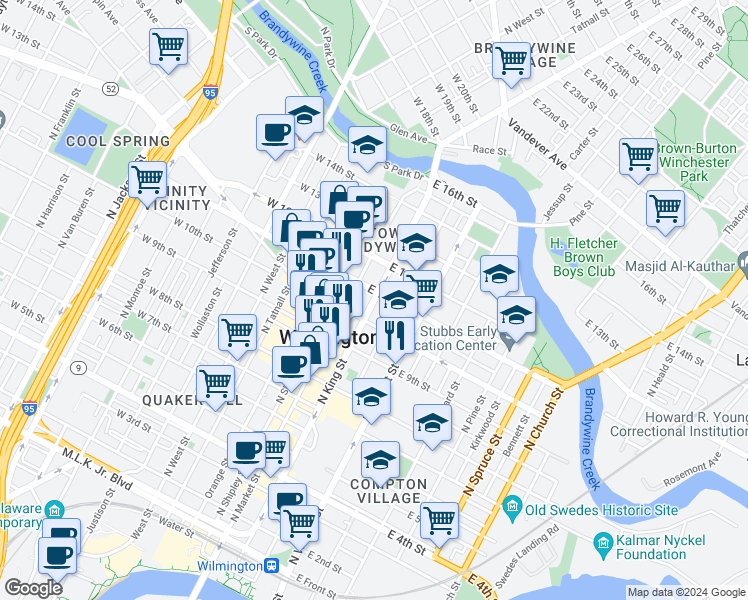 map of restaurants, bars, coffee shops, grocery stores, and more near 1001-1099 North King Street in Wilmington