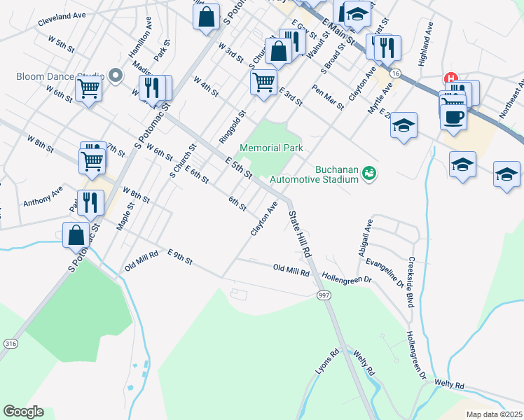 map of restaurants, bars, coffee shops, grocery stores, and more near 518 Clayton Avenue in Waynesboro