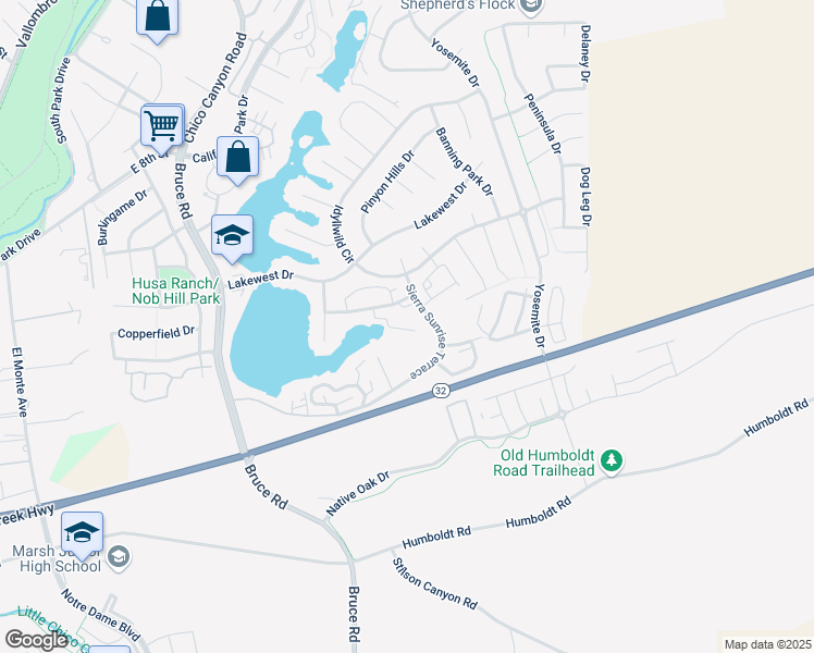map of restaurants, bars, coffee shops, grocery stores, and more near 2850 Sierra Sunrise Terrace in Chico