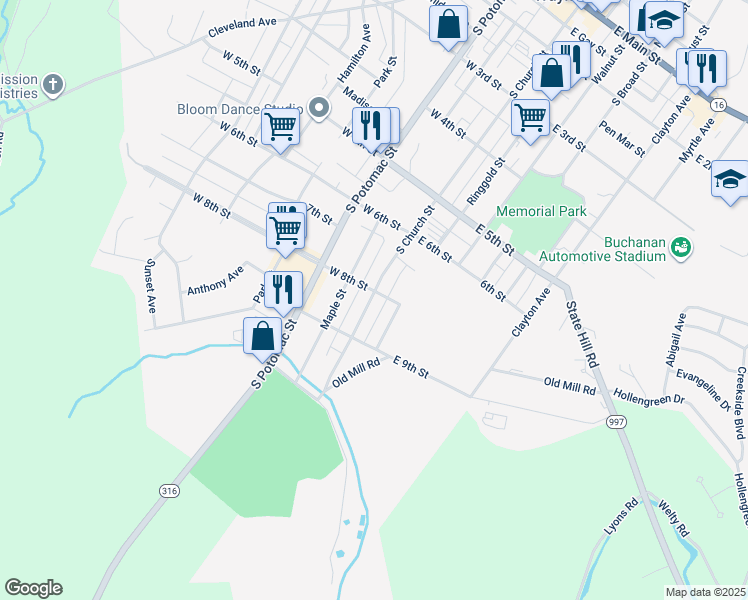 map of restaurants, bars, coffee shops, grocery stores, and more near 705 South Church Street in Waynesboro